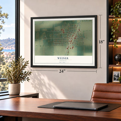 Weiner, Arkansas map, 18 x 24 inch print in a black frame in a home office