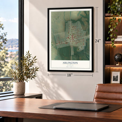 Arlington, Kentucky map, 18 x 24 inch print in a black frame in a home office