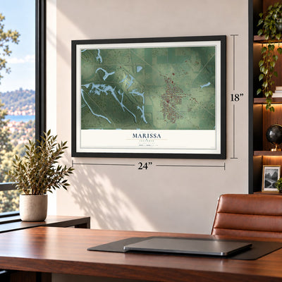 Marissa, Illinois map, 18 x 24 inch print in a black frame in a home office