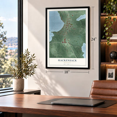 Hackensack, Minnesota map, 18 x 24 inch print in a black frame in a home office