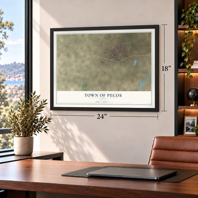 Town of Pecos, Texas map, 18 x 24 inch print in a black frame in a home office