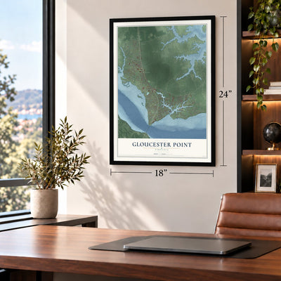Gloucester Point, Virginia map, 18 x 24 inch print in a black frame in a home office