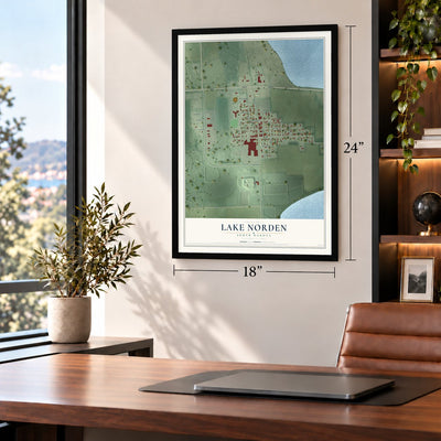 Lake Norden, South Dakota map, 18 x 24 inch print in a black frame in a home office