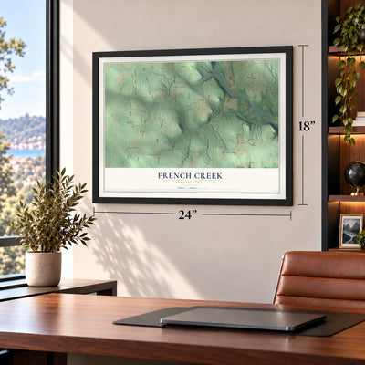 French Creek, Pennsylvania map, 18 x 24 inch print in a black frame in a home office