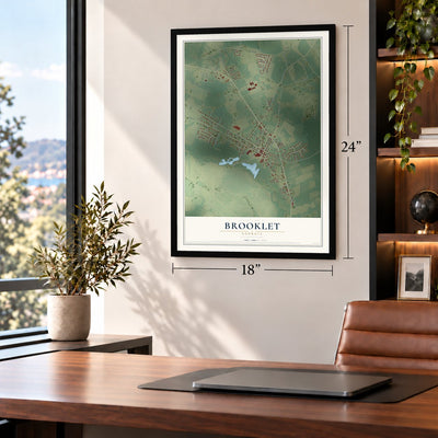 Brooklet, Georgia map, 18 x 24 inch print in a black frame in a home office