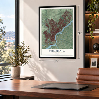 Philadelphia, Pennsylvania map, 18 x 24 inch print in a black frame in a home office