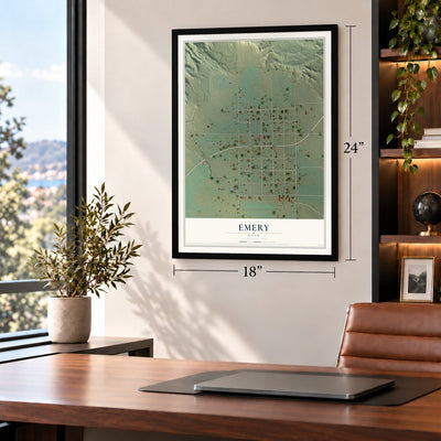 Emery, Utah map, 18 x 24 inch print in a black frame in a home office