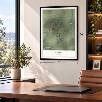 Dumas, Arkansas map, 18 x 24 inch print in a black frame in a home office