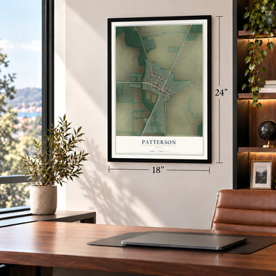 Patterson, Ohio map, 18 x 24 inch print in a black frame in a home office