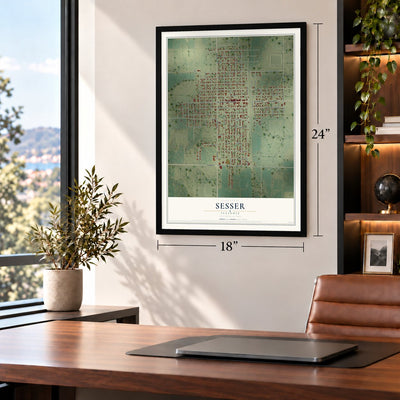 Sesser, Illinois map, 18 x 24 inch print in a black frame in a home office