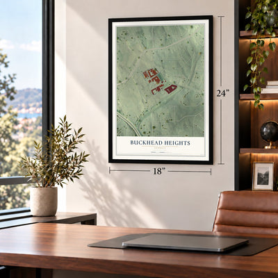 Buckhead Heights, Georgia map, 18 x 24 inch print in a black frame in a home office