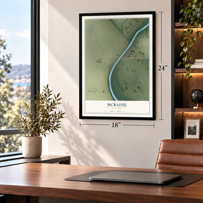 McBaine, Missouri map, 18 x 24 inch print in a black frame in a home office