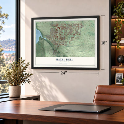 Hazel Dell, Washington map, 18 x 24 inch print in a black frame in a home office