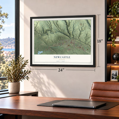 Newcastle, Wyoming map, 18 x 24 inch print in a black frame in a home office