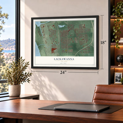 Lackawanna, New York map, 18 x 24 inch print in a black frame in a home office