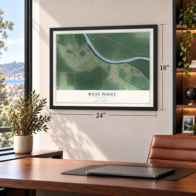 West Point, Arkansas map, 18 x 24 inch print in a black frame in a home office