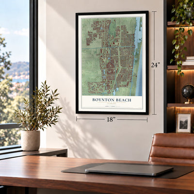Boynton Beach, Florida map, 18 x 24 inch print in a black frame in a home office