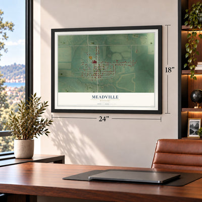 Meadville, Missouri map, 18 x 24 inch print in a black frame in a home office