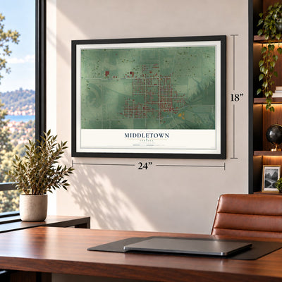 Middletown, Indiana map, 18 x 24 inch print in a black frame in a home office