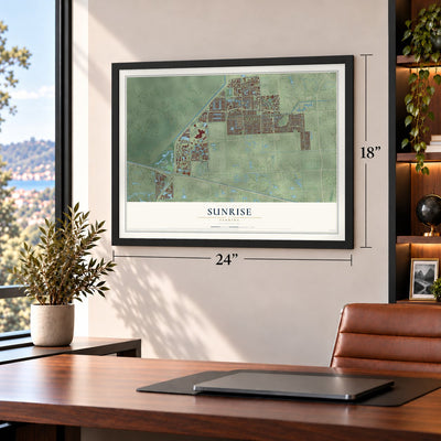 Sunrise, Florida map, 18 x 24 inch print in a black frame in a home office