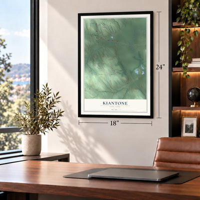 Kiantone, New York map, 18 x 24 inch print in a black frame in a home office