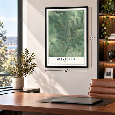 Grey Forest, Texas map, 18 x 24 inch print in a black frame in a home office