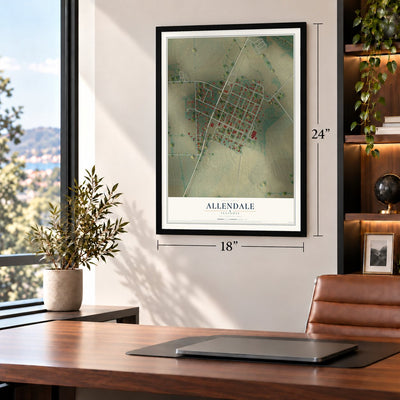 Allendale, Illinois map, 18 x 24 inch print in a black frame in a home office