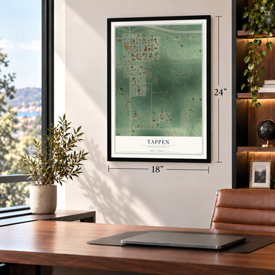Tappen, North Dakota map, 18 x 24 inch print in a black frame in a home office