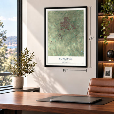 Burleson, Texas map, 18 x 24 inch print in a black frame in a home office