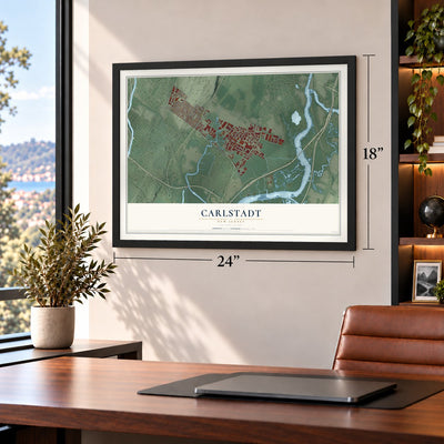 Carlstadt, New Jersey map, 18 x 24 inch print in a black frame in a home office