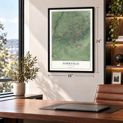 Yorkville, Illinois map, 18 x 24 inch print in a black frame in a home office