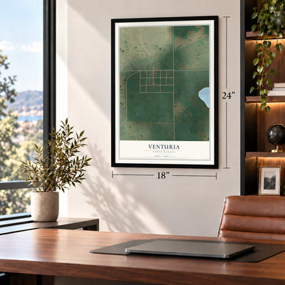 Venturia, North Dakota map, 18 x 24 inch print in a black frame in a home office