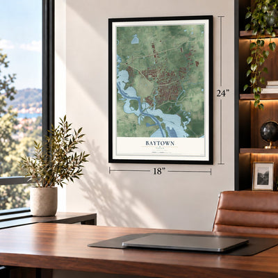 Baytown, Texas map, 18 x 24 inch print in a black frame in a home office
