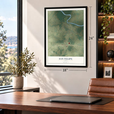 San Felipe, Texas map, 18 x 24 inch print in a black frame in a home office