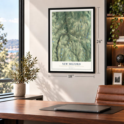 New Milford, Susquehanna County, Pennsylvania map, 18 x 24 inch print in a black frame in a home office