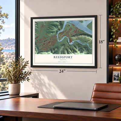 Reedsport, Oregon map, 18 x 24 inch print in a black frame in a home office
