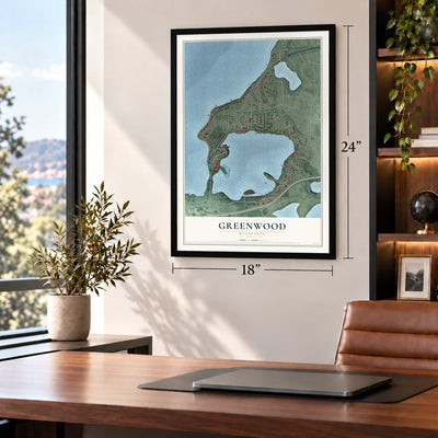 Greenwood, Minnesota map, 18 x 24 inch print in a black frame in a home office