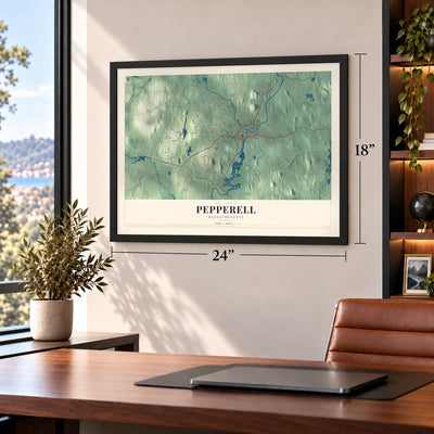 Pepperell, Massachusetts map, 18 x 24 inch print in a black frame in a home office