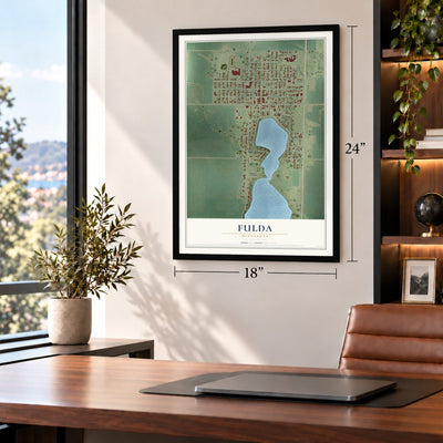 Fulda, Minnesota map, 18 x 24 inch print in a black frame in a home office