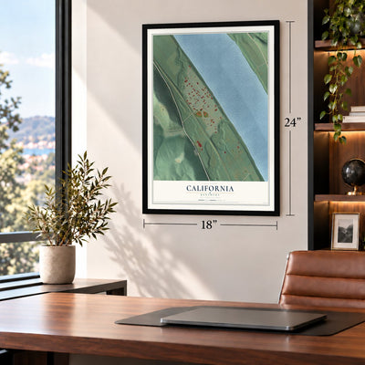 California, Kentucky map, 18 x 24 inch print in a black frame in a home office