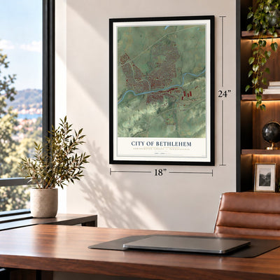 City of Bethlehem, Northampton County, Pennsylvania map, 18 x 24 inch print in a black frame in a home office