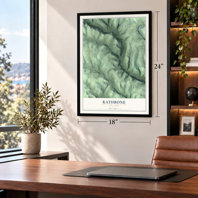 Rathbone, New York map, 18 x 24 inch print in a black frame in a home office