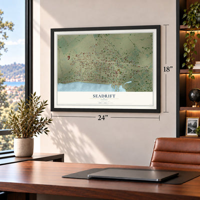 Seadrift, Texas map, 18 x 24 inch print in a black frame in a home office