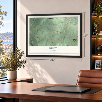Rudy, Arkansas map, 18 x 24 inch print in a black frame in a home office