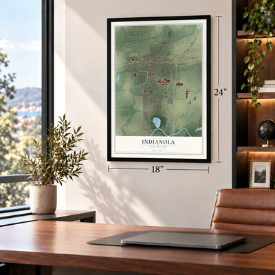 Indianola, Mississippi map, 18 x 24 inch print in a black frame in a home office