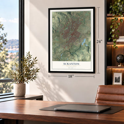 Scranton, Pennsylvania map, 18 x 24 inch print in a black frame in a home office