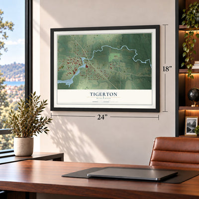 Tigerton, Wisconsin map, 18 x 24 inch print in a black frame in a home office