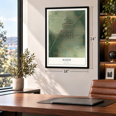 Mason, Illinois map, 18 x 24 inch print in a black frame in a home office