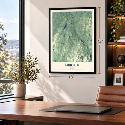Fairfield, Vermont map, 18 x 24 inch print in a black frame in a home office