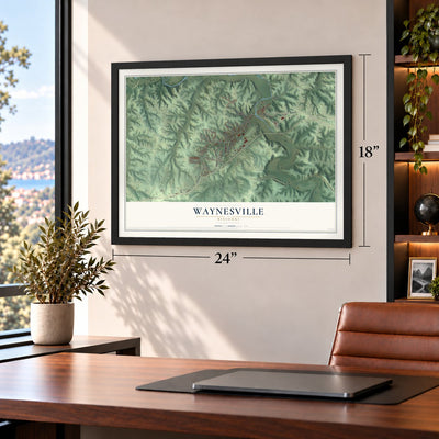 Waynesville, Missouri map, 18 x 24 inch print in a black frame in a home office